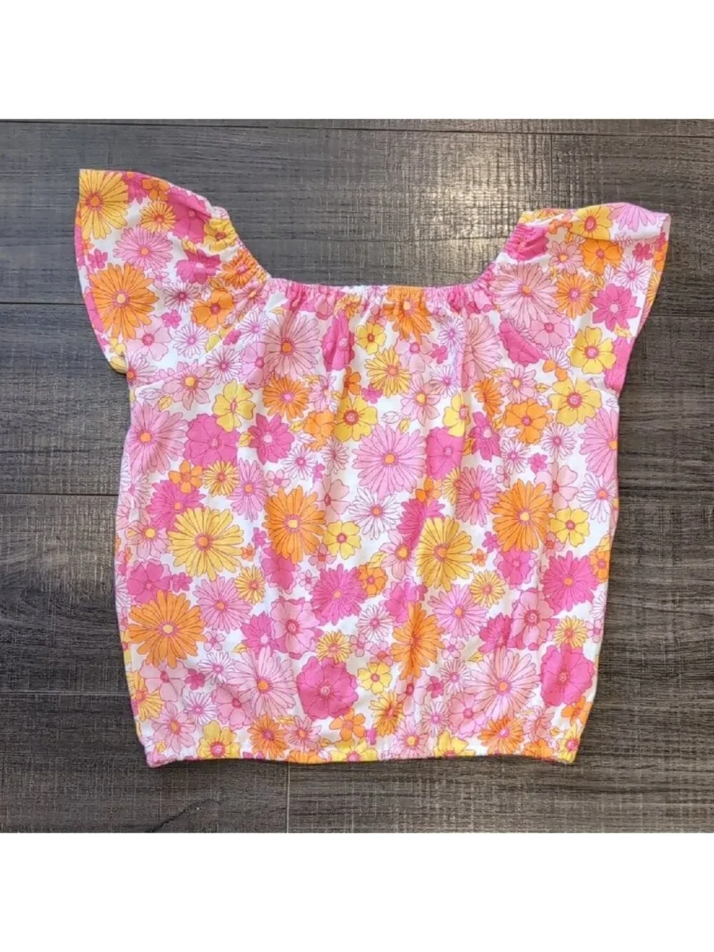 Childrens Place Flutter Sleeve Floral Top Girls Size Large 10 12 Pink Orange